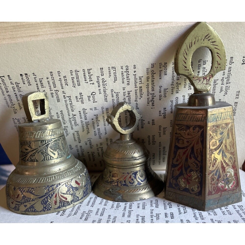 Etched Brass Bell Lot Meditation Prayer Temple Floral Vintage